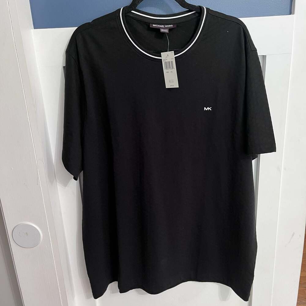 Michael Kors Men's Jacquard MK Logo T-Shirt with Striped Crew Neck